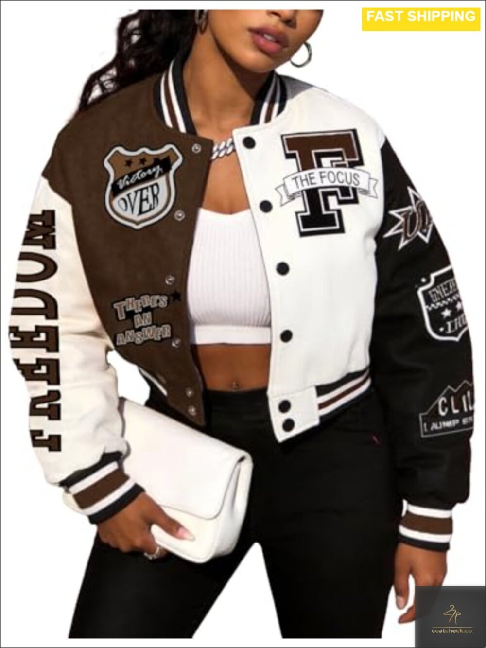 Womens Varsity Bomber Letterman Jacket Cropped Cotton Casual